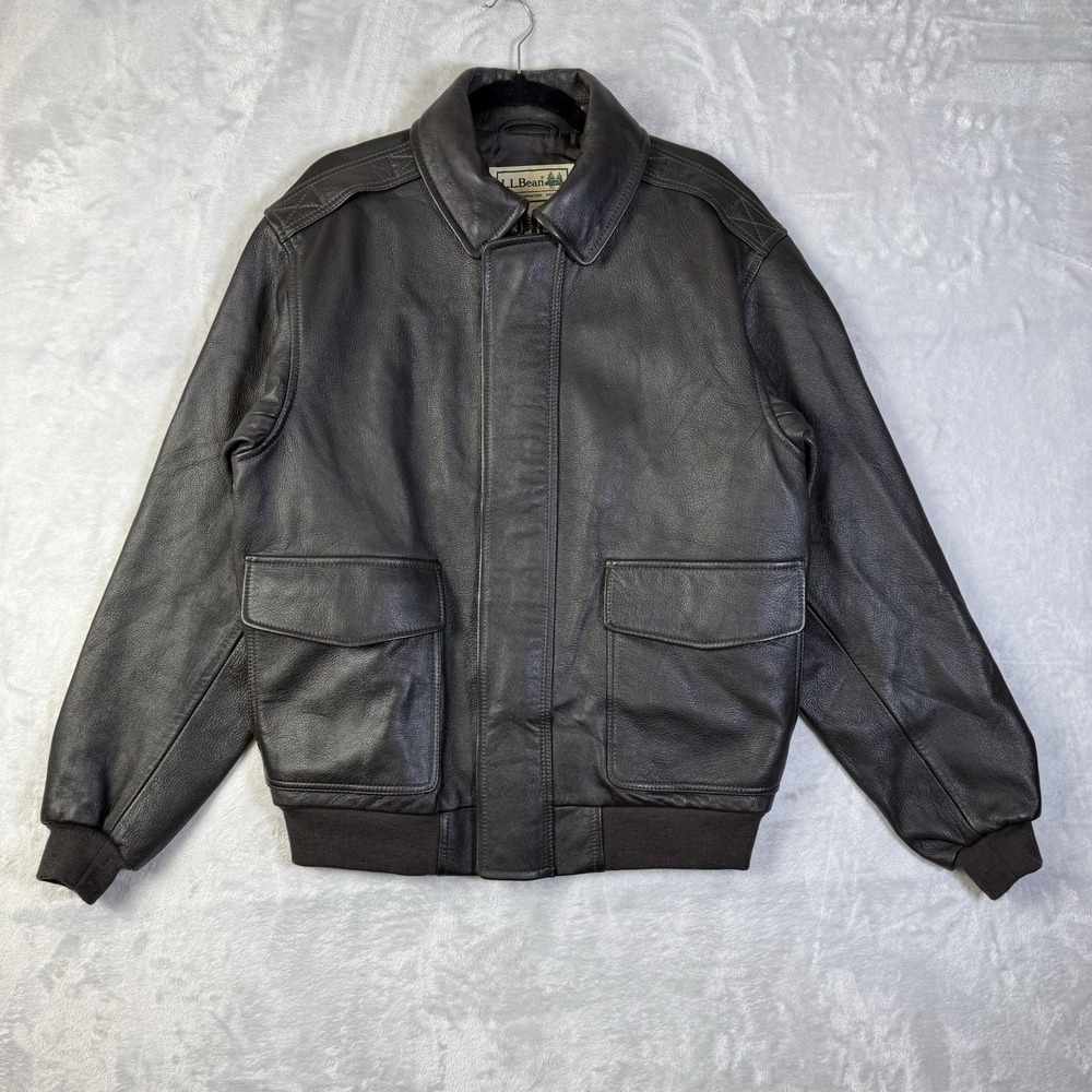 LL Bean Goatskin Leather Jacket A2 Mens Large Dark Brown Flight Jacket Full Zip